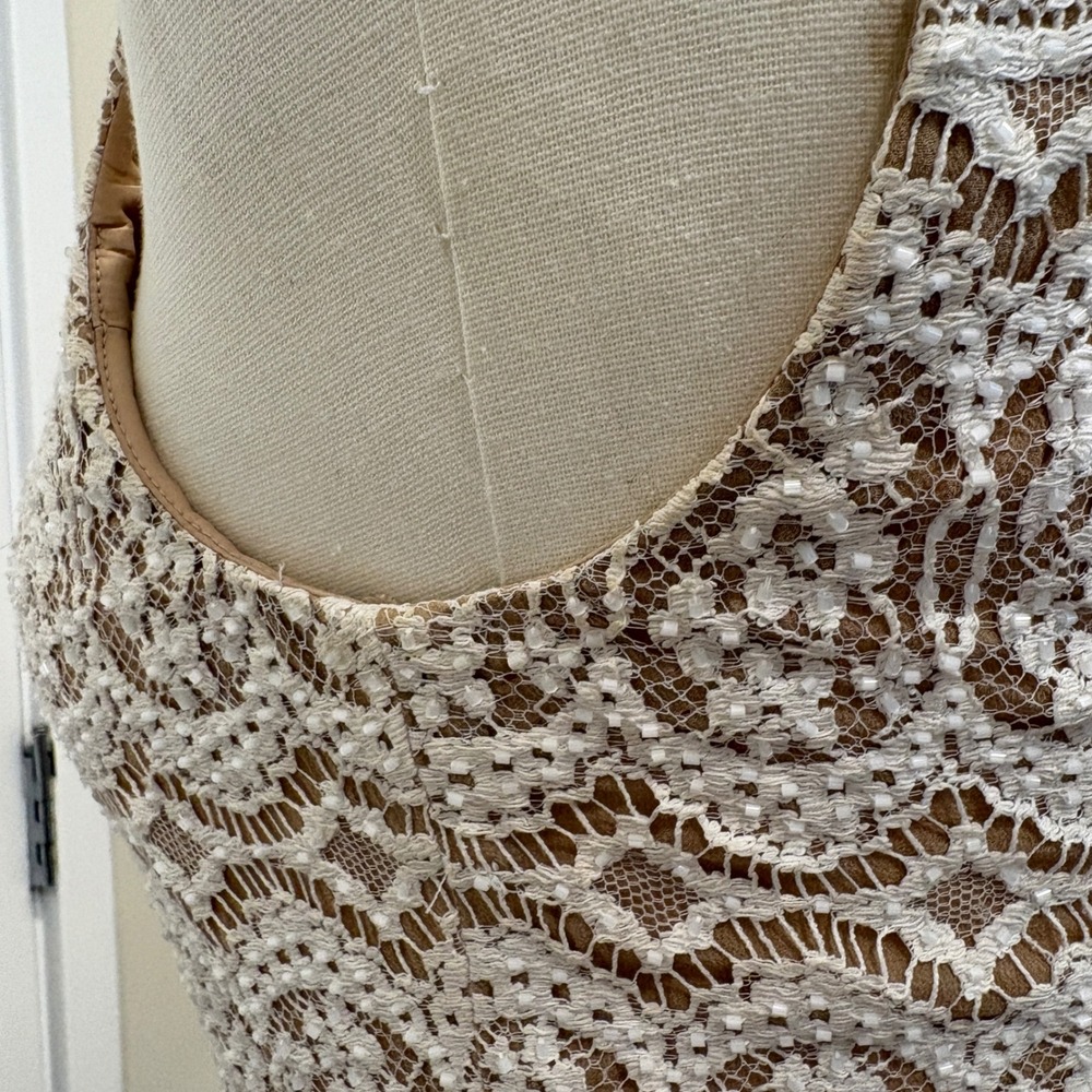 VTG 90s NiteLine White Lace Beaded Tan Mini Dress 2 Bridal Goth Witchy Coquette - Picture 13 of 16